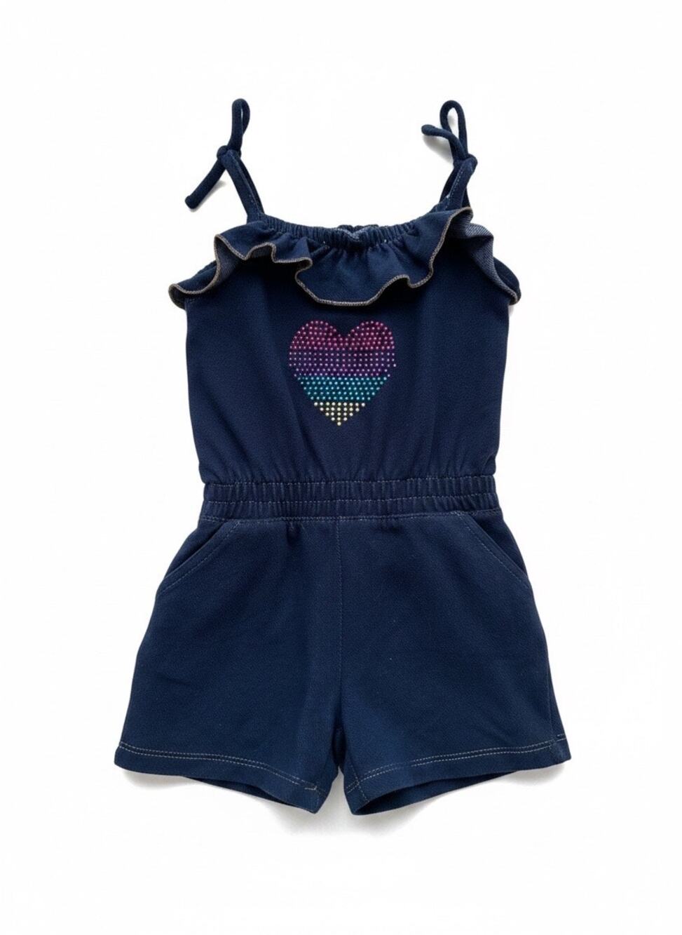 Pink House Ruffled Romper Heart Motive, Baby Size 2T, Navy Blue